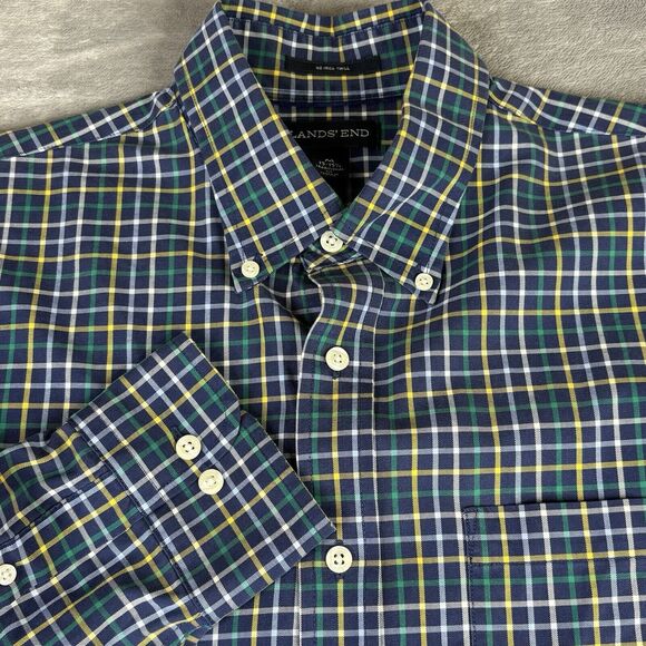 Lands End Button Down Shirt Men M 15-15.5 Blue Multi Color Check Traditional Fit - Picture 1 of 11